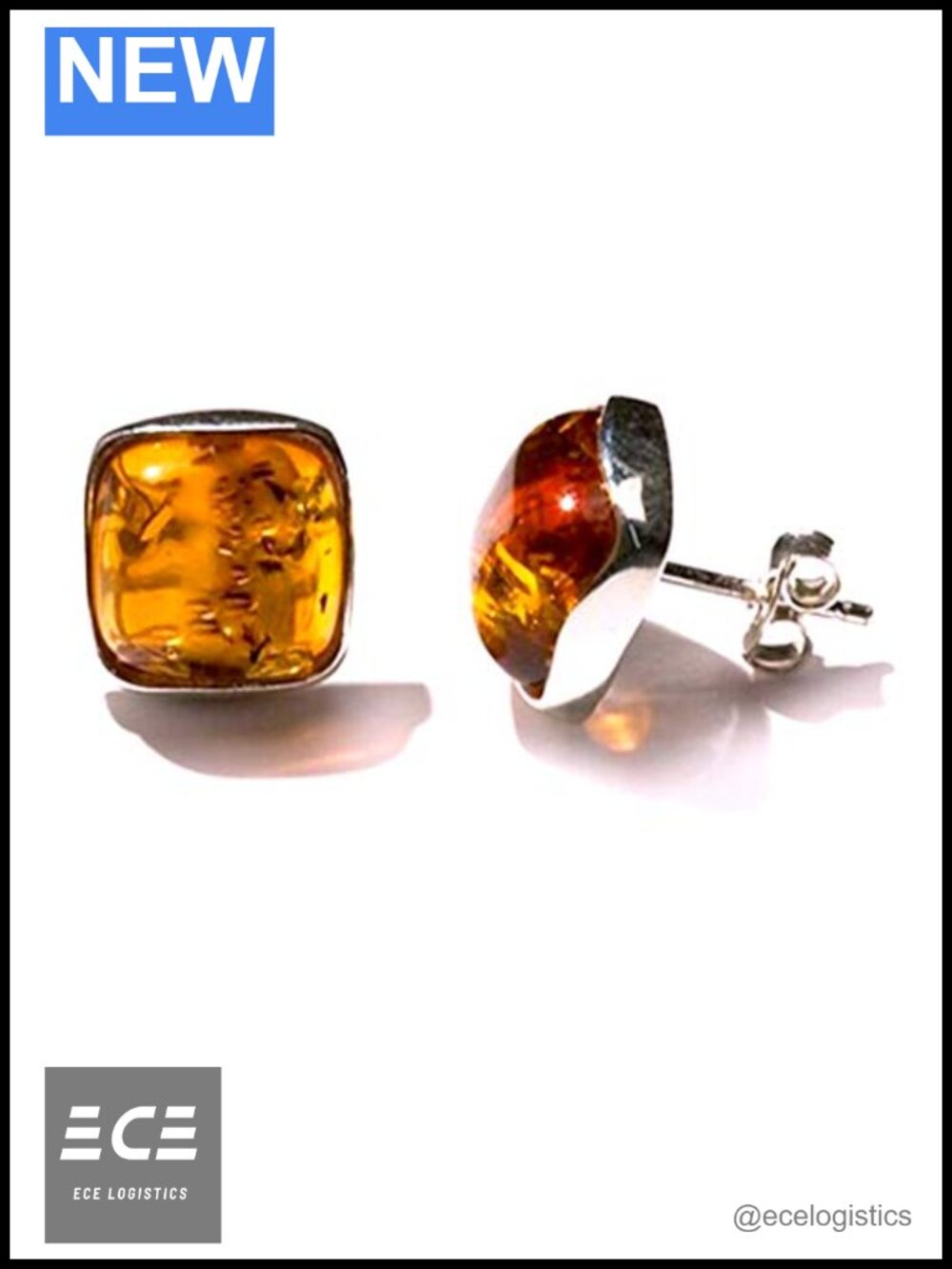 Sterling Silver Square Stud Earrings with Genuine Amber